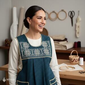 Traditional Mexican Cross-Stitch Embroidered Apron – Deluxe Artisan Smock Style